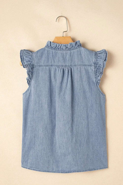 Frilly Ruffle Trim V Neck Chambray Tank - Premium Women / Jeans & Denim from Trendsi - Just $39.66! Shop now at Handbags Specialist Headquarter