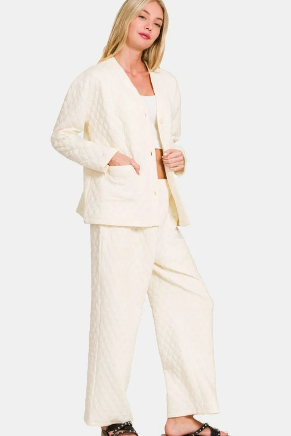 Zenana Quilted Button Up Long Sleeve Top and Pants Lounge Set - Premium Sleepwear from Trendsi - Just $46.99! Shop now at Handbags Specialist Headquarter