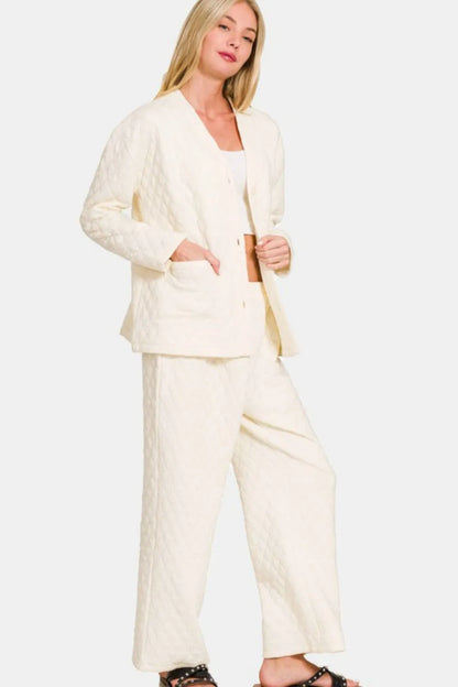 Zenana Quilted Button Up Long Sleeve Top and Pants Lounge Set - Premium Sleepwear from Trendsi - Just $46.99! Shop now at Handbags Specialist Headquarter