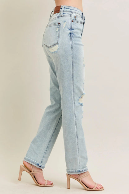 Judy Blue Full Size Mr Repair Stitch Detail Destroy Single Cuff Bf Jeans Plus Size - Premium Women / Jeans & Denim from Trendsi - Just $70.99! Shop now at Handbags Specialist Headquarter