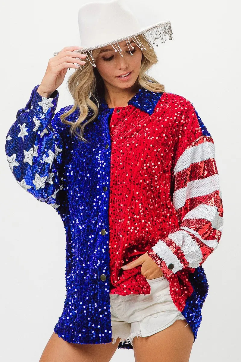 BiBi American Flag Sequin Snap Down Shirt - Premium Women / Jeans & Denim from Trendsi - Just $64.30! Shop now at Handbags Specialist Headquarter
