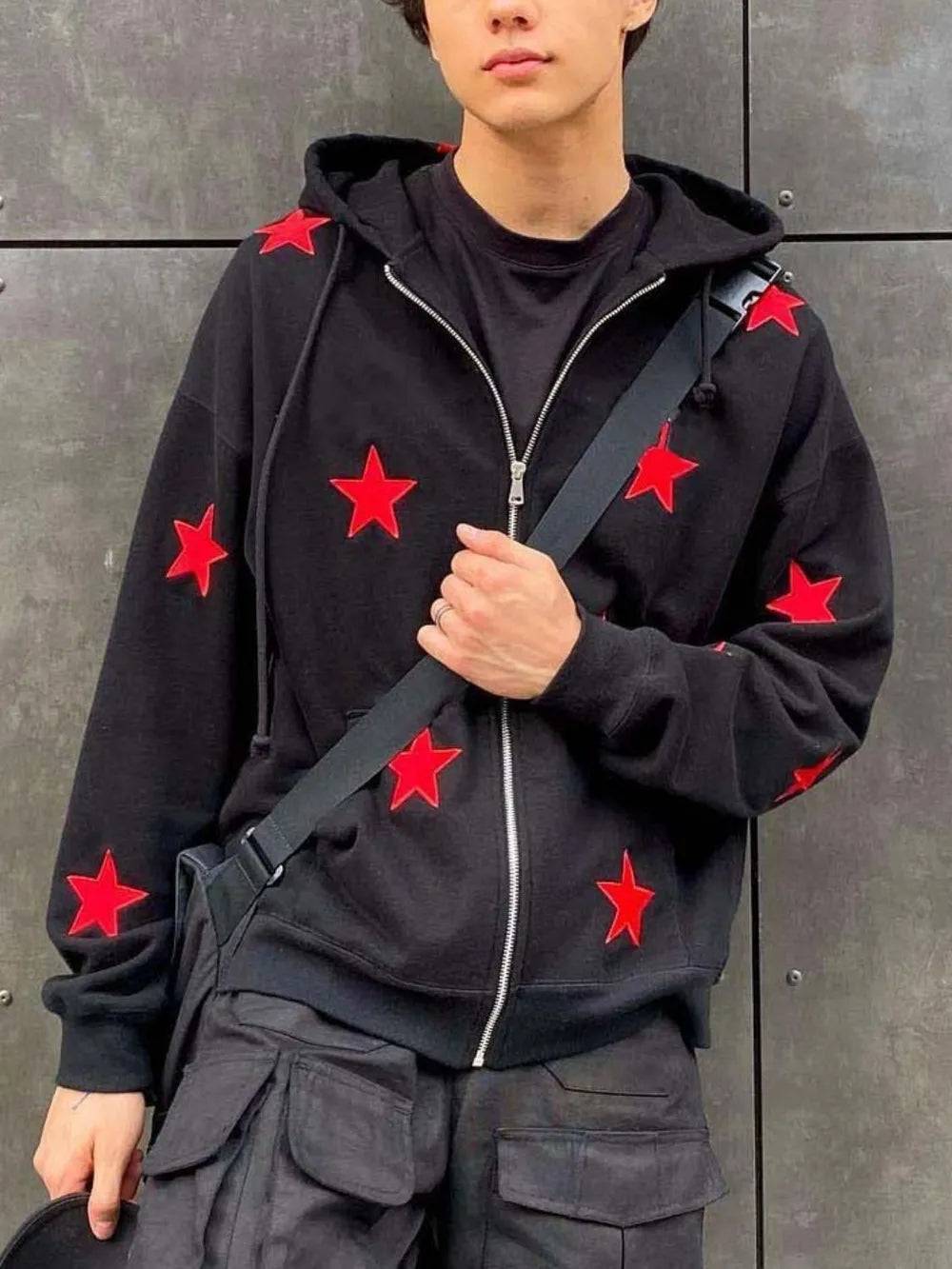 Men's Contrast Star Hooded Zip Up Hoodie - Premium Men's Sweatshirts from Trendsi - Just $35.58! Shop now at Handbags Specialist Headquarter