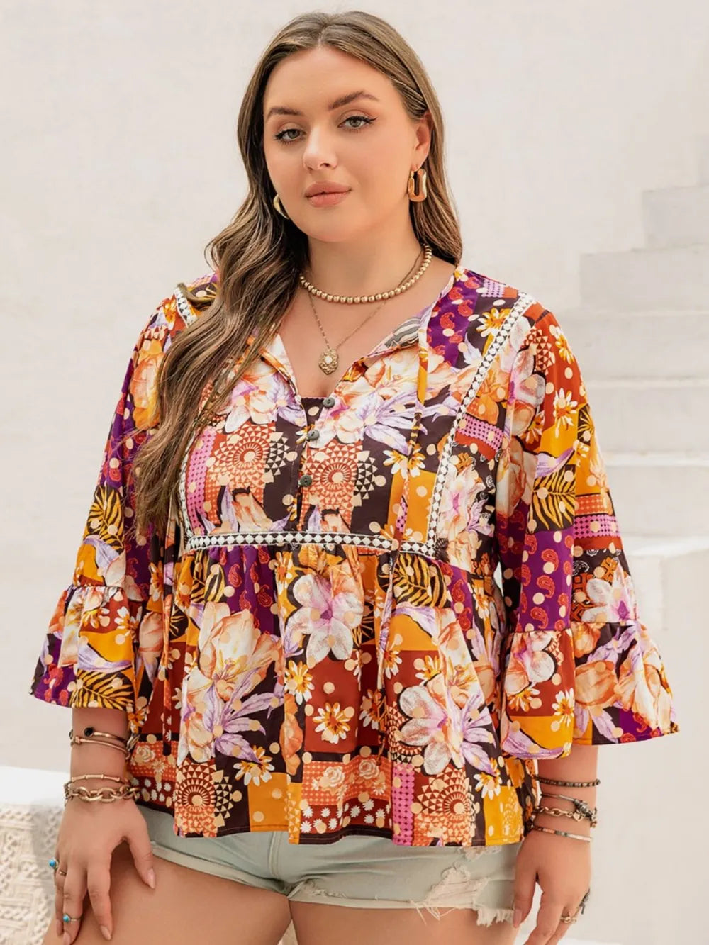 Plus Size Printed Tie Neck Blouse - Premium Plus Size Shirts from Trendsi - Just $28.50! Shop now at Handbags Specialist Headquarter