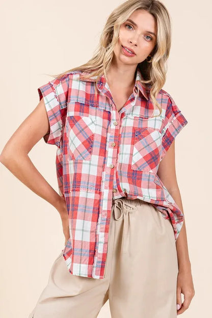 Mittoshop Mineral Wash Plaid Button Down Shirt - Premium Women's Down Shirt Tops from Trendsi - Just $51.26! Shop now at Handbags Specialist Headquarter