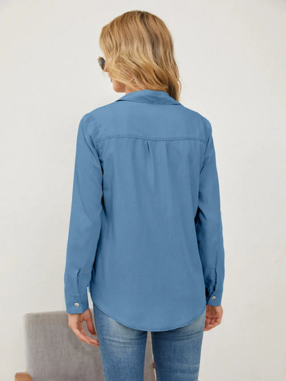 Pocketed Button Up Long Sleeve Denim Shirt - Premium Women / Jeans & Denim from Trendsi - Just $33! Shop now at Handbags Specialist Headquarter