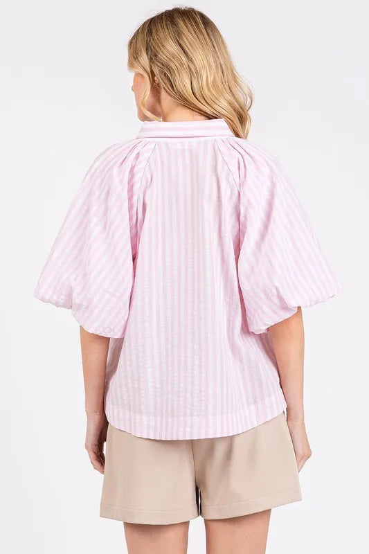 Mittoshop Button Down Striped Puff Sleeve Shirt - Premium Women's Down Shirt Tops from Trendsi - Just $39.18! Shop now at Handbags Specialist Headquarter