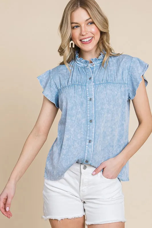 Lime 'N' Chili Mineral Wash Flutter Sleeve Button Down Shirt - Premium Women / Jeans & Denim from Trendsi - Just $40.98! Shop now at Handbags Specialist Headquarter