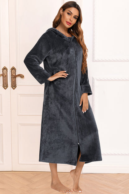 Zip Front Hooded Night Dress with Pockets - Premium Sleepwear from Trendsi - Just $60.99! Shop now at Handbags Specialist Headquarter