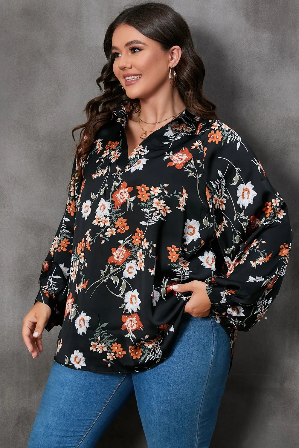 Plus Size Printed Johnny Collar Long Sleeve Blouse - Premium Plus Size Shirts from Trendsi - Just $29! Shop now at Handbags Specialist Headquarter