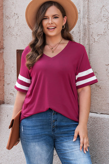 Plus Size Striped V-Neck Tee Shirt - Premium Plus Size Shirts from Trendsi - Just $26! Shop now at Handbags Specialist Headquarter