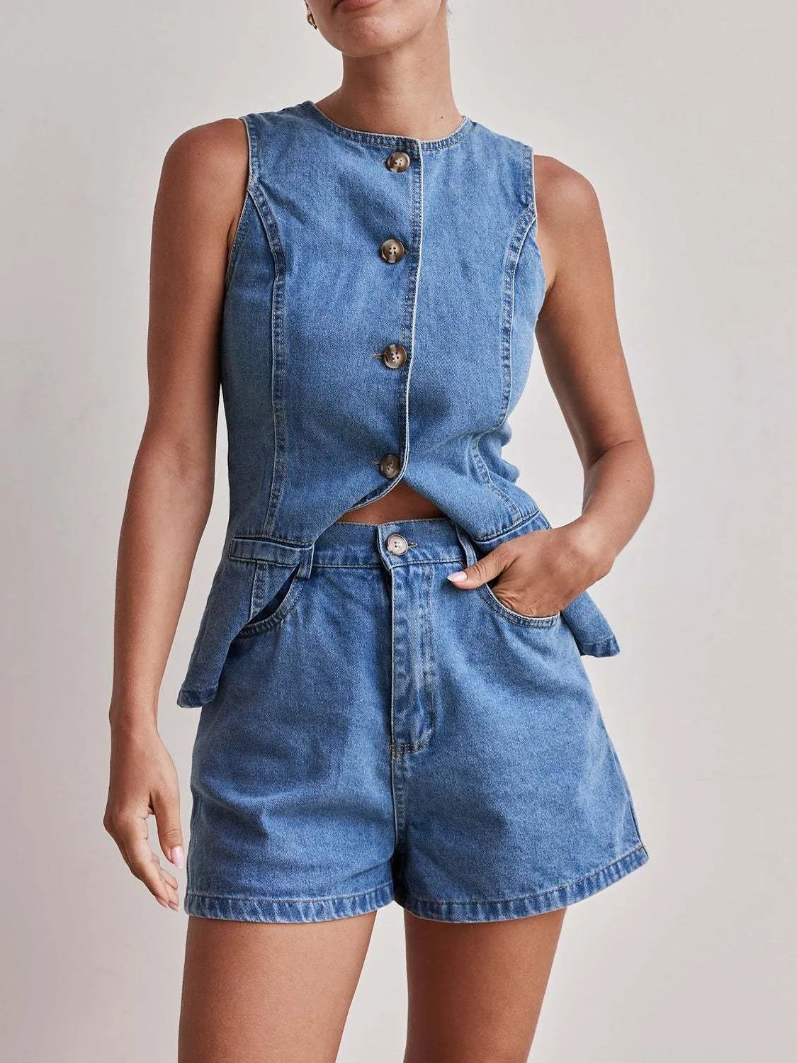 Button Down Vest and Shorts Denim Set - Premium Women / Jeans & Denim from Trendsi - Just $65.12! Shop now at Handbags Specialist Headquarter