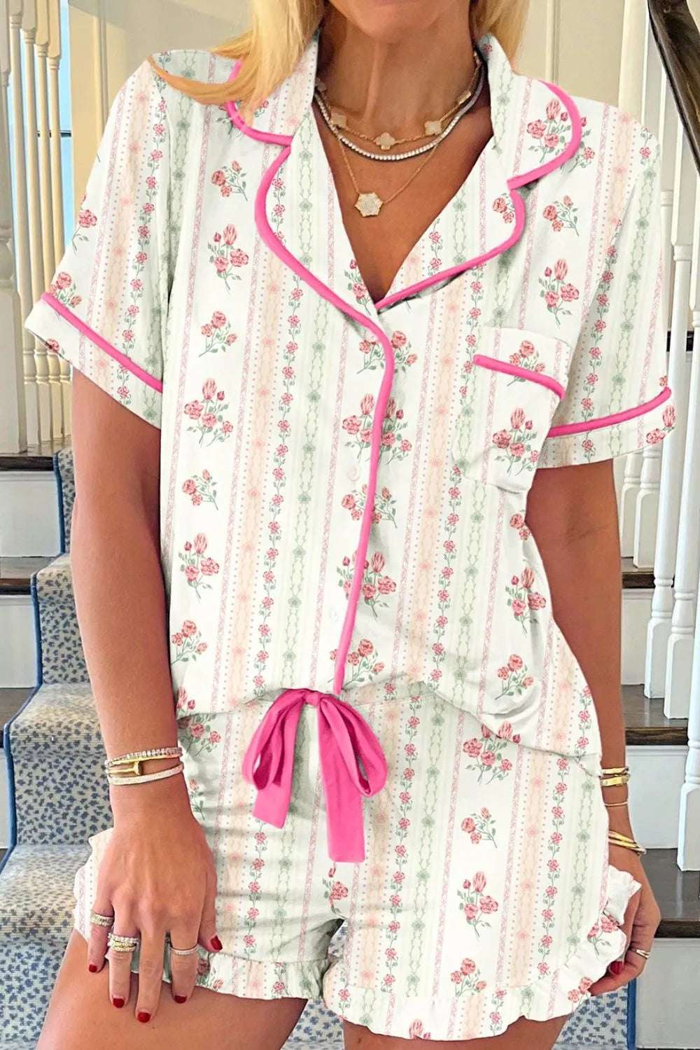Printed Button Up Short Sleeve Top and Shorts Lounge Set - Premium Sleepwear from Trendsi - Just $48.99! Shop now at Handbags Specialist Headquarter