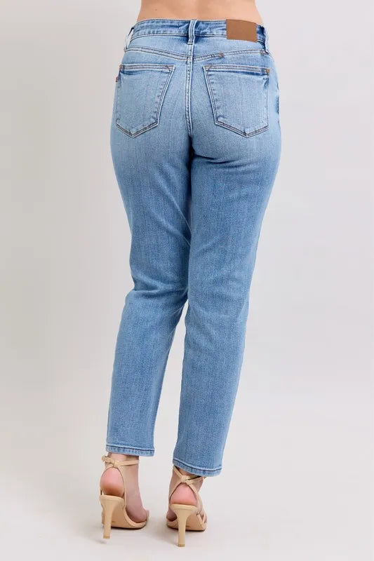 Judy Blue Full Size Mid Rise Vintage Wash Slim Jeans with Cell Phone Pocket Plus Size - Premium Women / Jeans & Denim from Trendsi - Just $60.99! Shop now at Handbags Specialist Headquarter