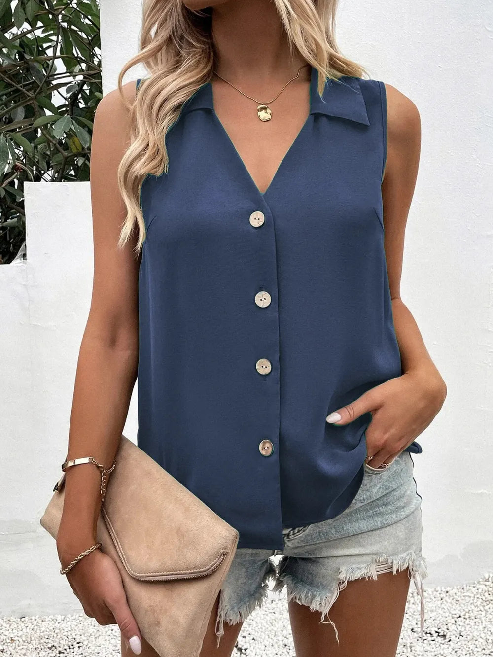 Full Size Johnny Collar Button Down Tank Plus Size - Premium Dresses from Trendsi - Just $20.99! Shop now at Handbags Specialist Headquarter