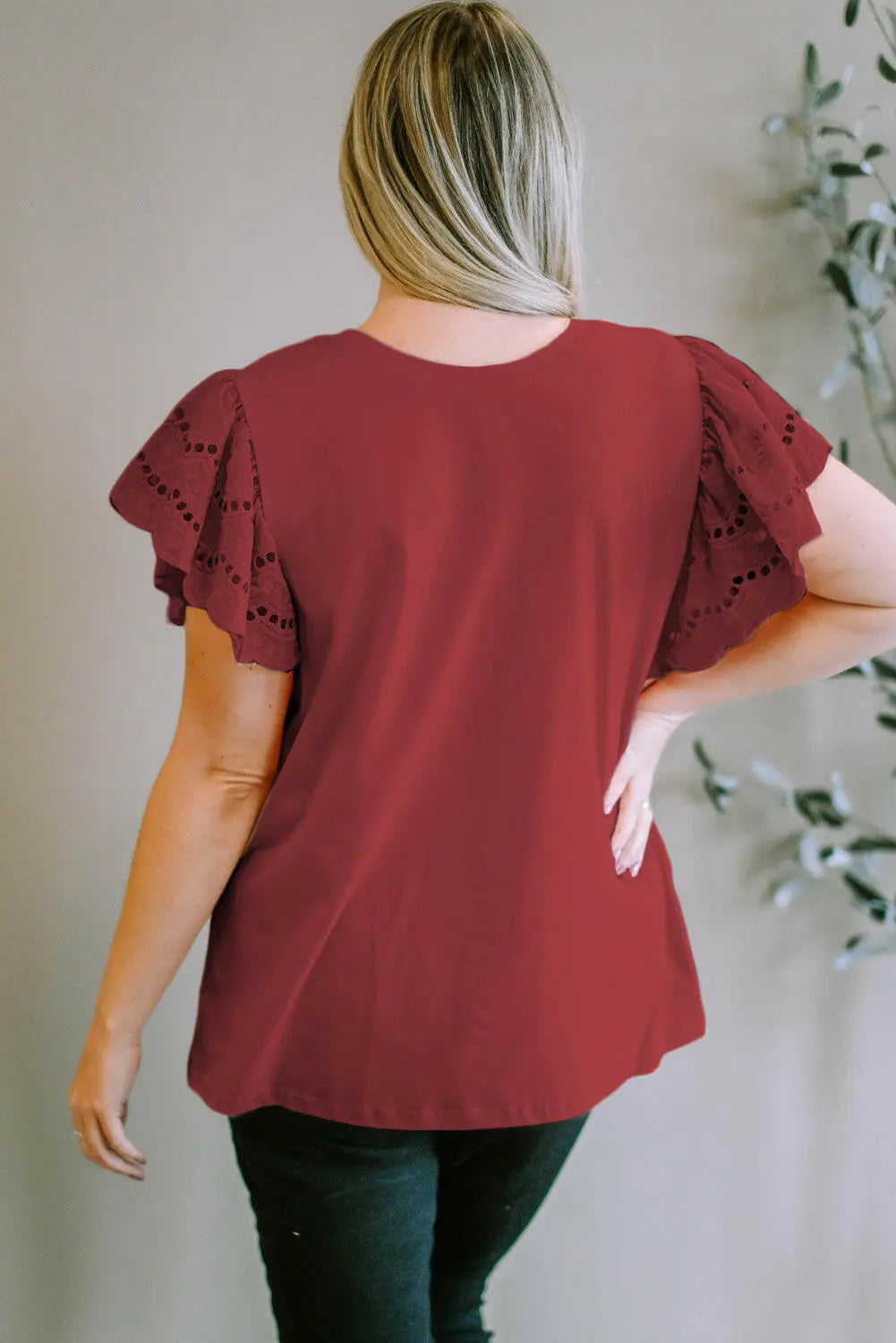 Plus Size Eyelet Round Neck Short Sleeve Blouse.