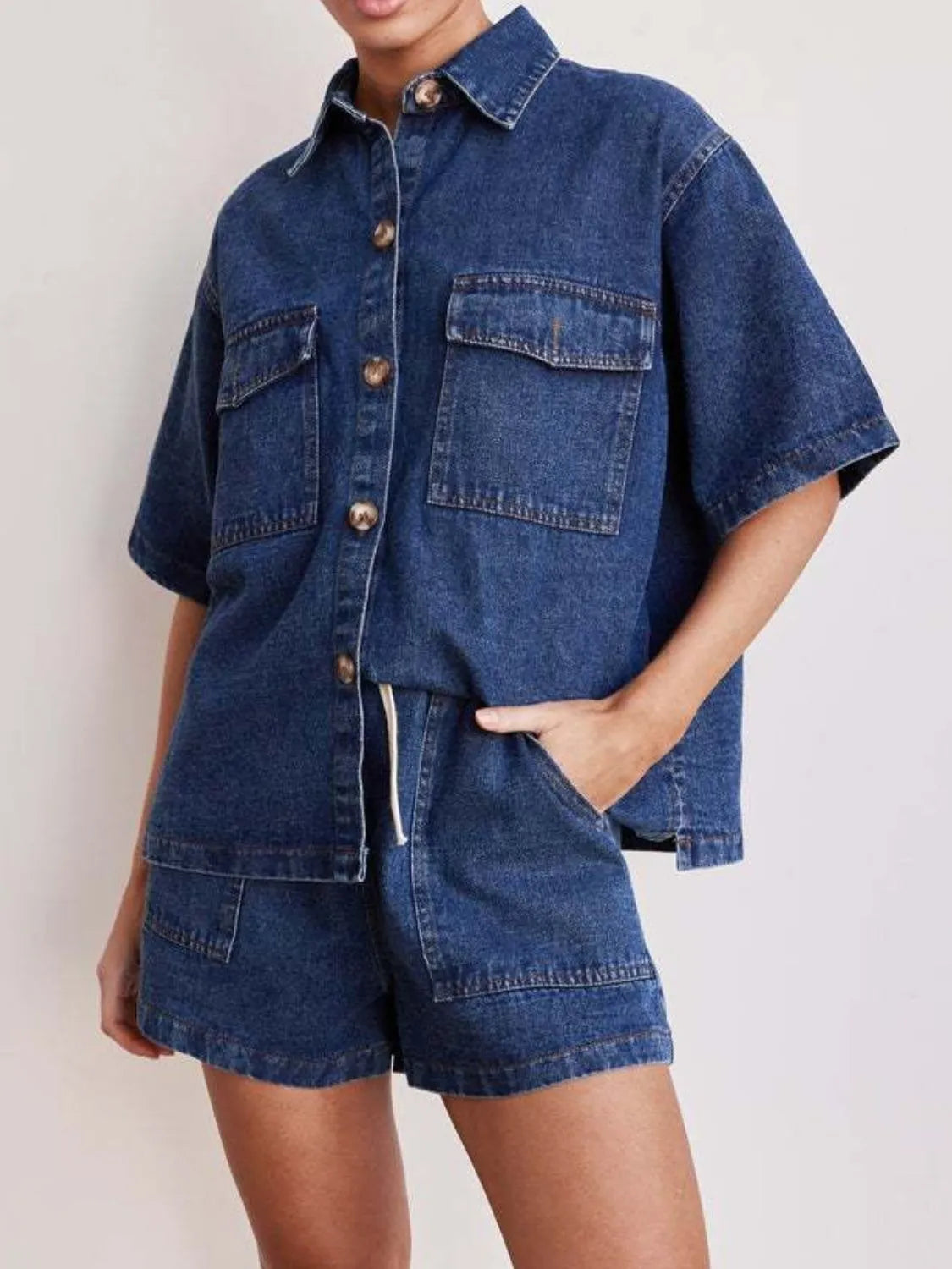 Button Up Short Sleeve Top and Shorts Denim Set - Premium Women / Jeans & Denim from Trendsi - Just $66.70! Shop now at Handbags Specialist Headquarter