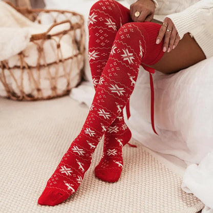 Christmas Element Bowknot Ribbed Trim Over Knee Stockings - Premium Sleepwear from Trendsi - Just $28.99! Shop now at Handbags Specialist Headquarter