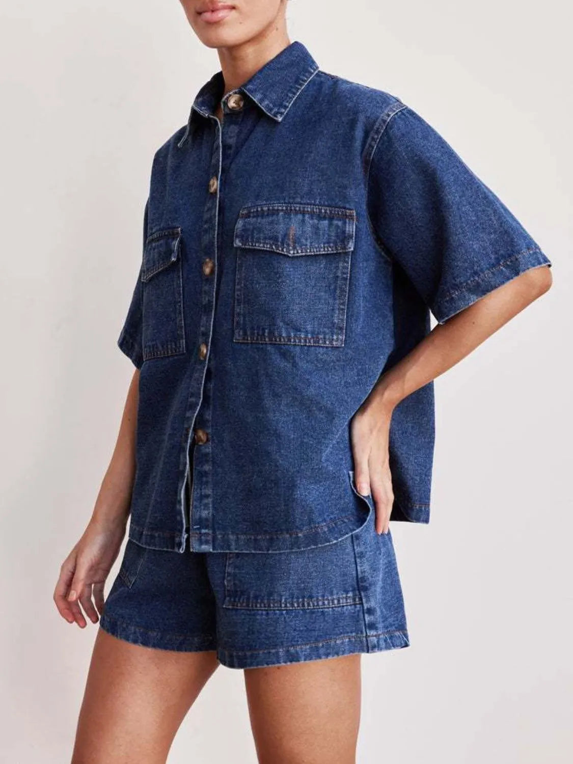 Button Up Short Sleeve Top and Shorts Denim Set - Premium Women / Jeans & Denim from Trendsi - Just $66.70! Shop now at Handbags Specialist Headquarter