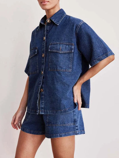 Button Up Short Sleeve Top and Shorts Denim Set - Premium Women / Jeans & Denim from Trendsi - Just $66.70! Shop now at Handbags Specialist Headquarter