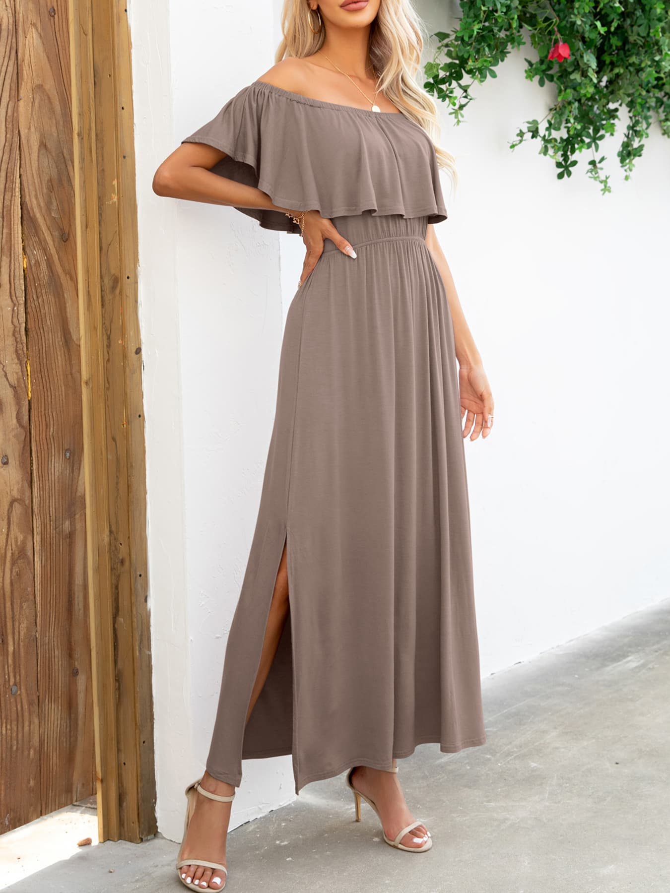 Off-Shoulder Slit Maxi Dress - Premium Maxi Dress from Trendsi - Just $49.99! Shop now at Handbags Specialist Headquarter
