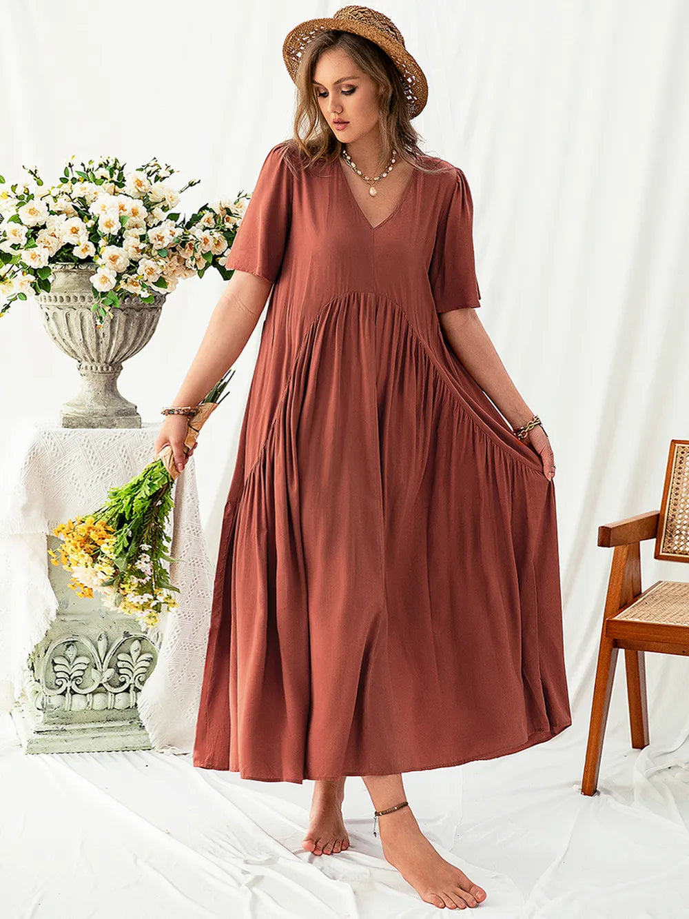 Plus Size V-Neck Flutter Sleeve Midi Dress - Premium Dresses from Trendsi - Just $46.99! Shop now at Handbags Specialist Headquarter