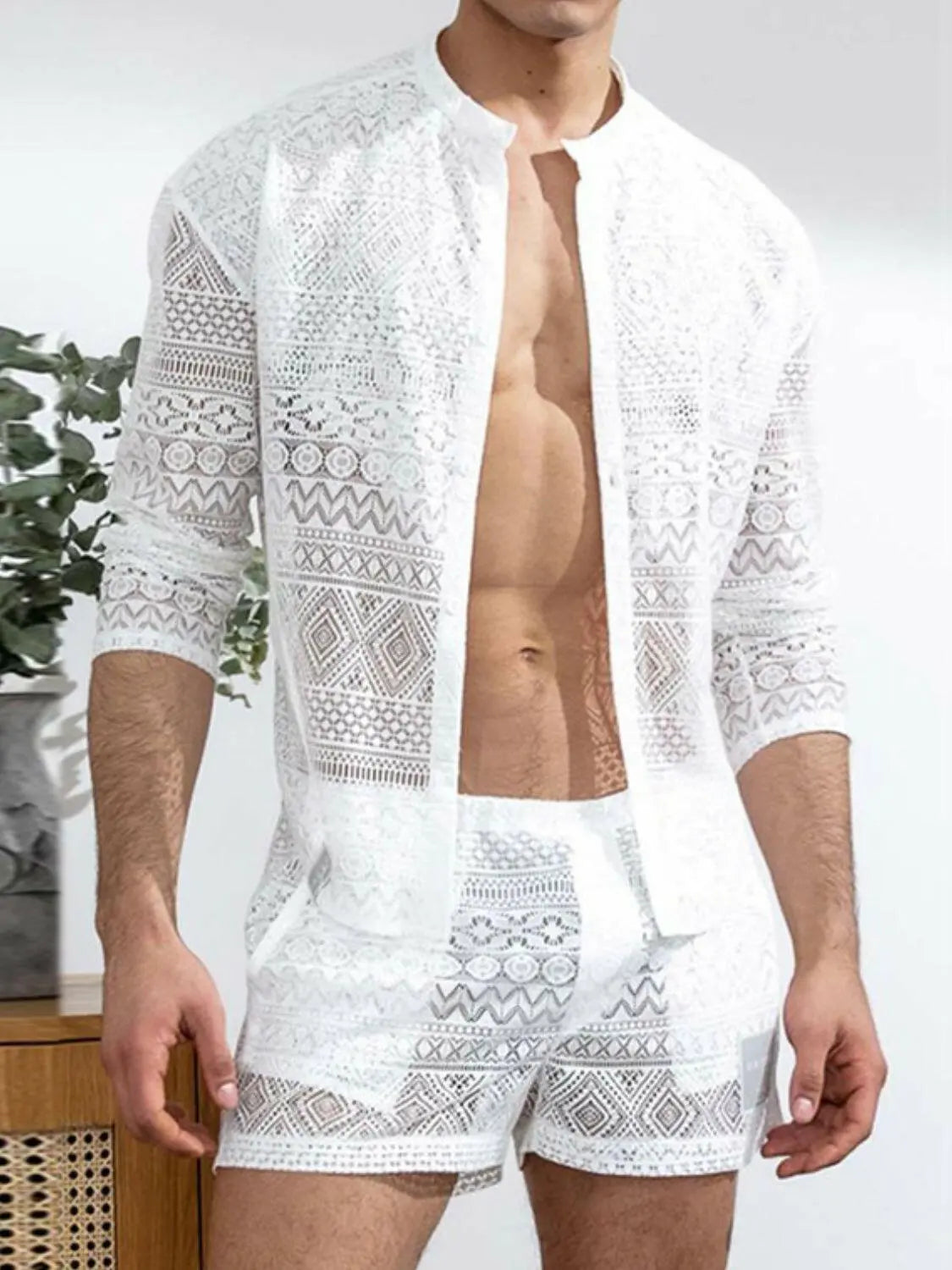 Men's Full Size Lace Button Down Top and Shorts Set Plus Size.