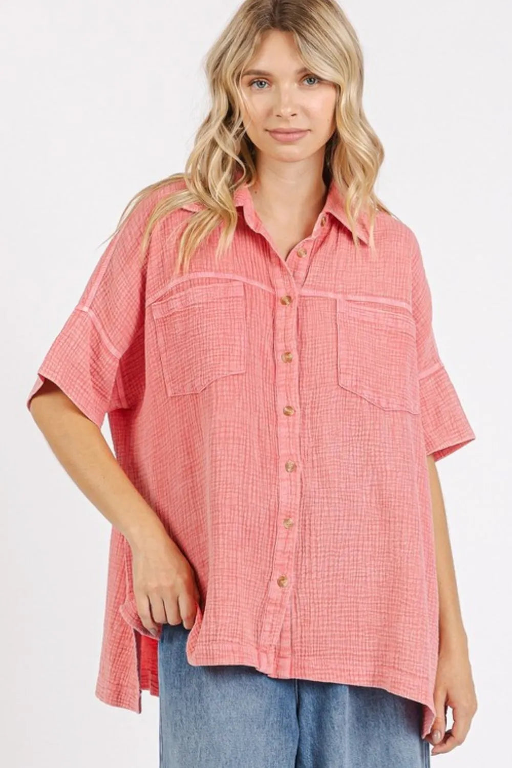 Mittoshop Mineral Wash Gauze Oversized Short Sleeve Shirt - Premium Women / Jeans & Denim from Trendsi - Just $50.74! Shop now at Handbags Specialist Headquarter