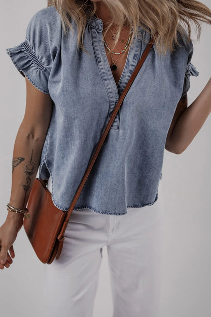 V Neck Ruffled Short Puff Sleeve Denim Top - Premium Women / Jeans & Denim from Trendsi - Just $39.06! Shop now at Handbags Specialist Headquarter