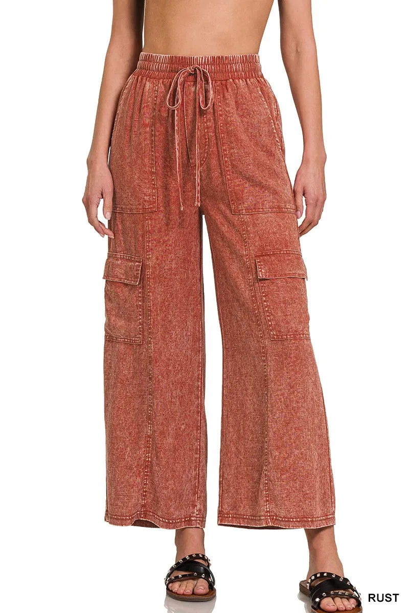 Zenana Washed Linen Elastic Band Waist Cargo Pants - Premium Women Pants from Trendsi - Just $42.99! Shop now at Handbags Specialist Headquarter
