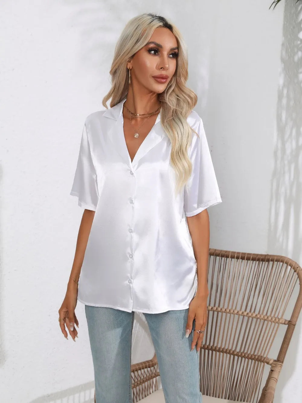 Button Down Short Sleeve Shirt - Premium Women's Down Shirt Tops from Trendsi - Just $19.48! Shop now at Handbags Specialist Headquarter