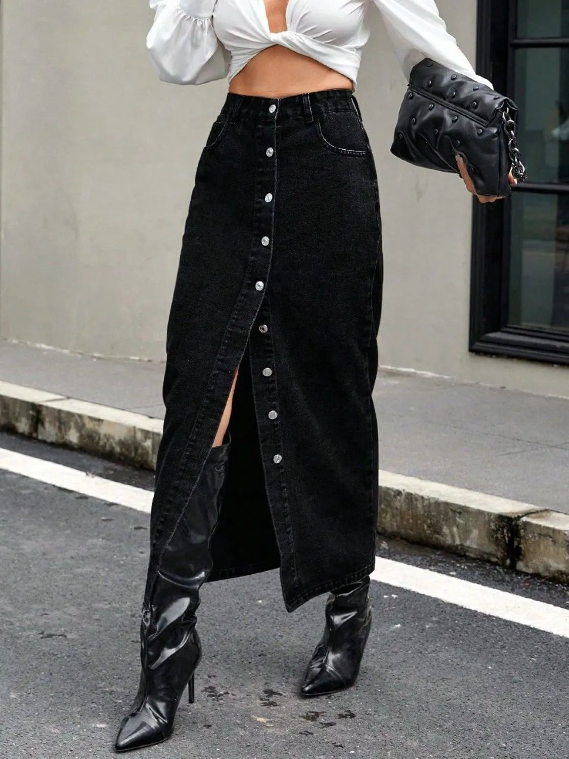 Button Front Denim Skirt - Premium Skirts from Trendsi - Just $38.99! Shop now at Handbags Specialist Headquarter