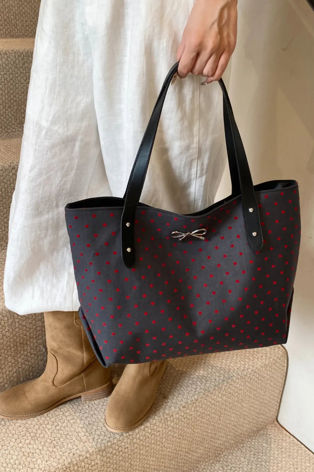 Polyester Bow Polka Dot Tote Bag - Premium Tote Bag from Trendsi - Just $39.99! Shop now at Handbags Specialist Headquarter