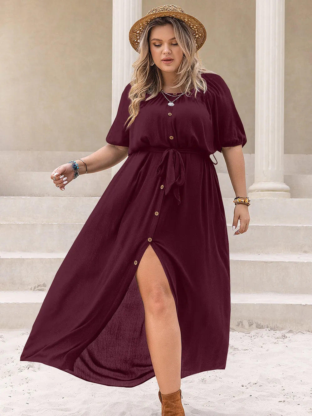 Plus Size Round Neck Half Sleeve Dress - Premium Dresses from Trendsi - Just $45.99! Shop now at Handbags Specialist Headquarter
