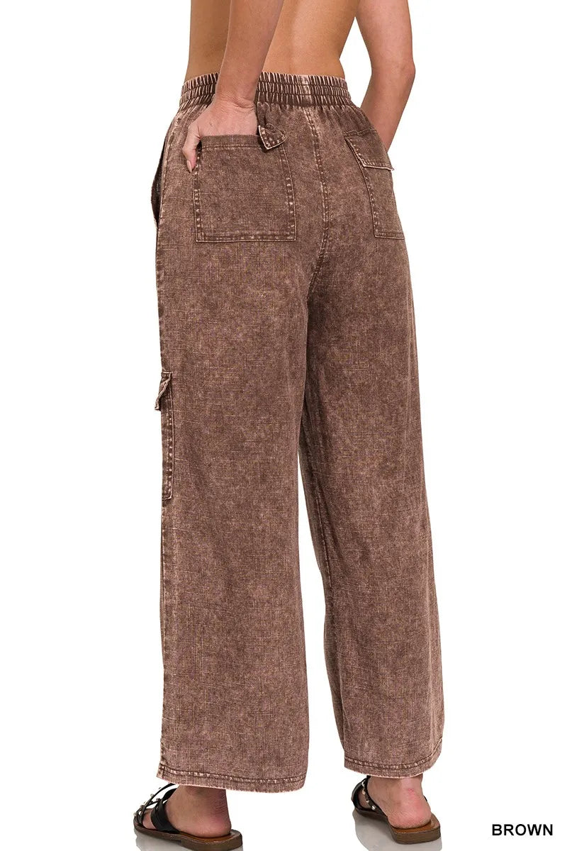 Zenana Washed Linen Elastic Band Waist Cargo Pants - Premium Women Pants from Trendsi - Just $42.99! Shop now at Handbags Specialist Headquarter