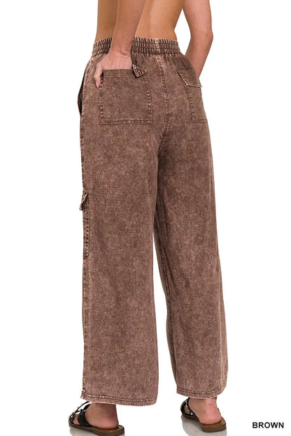 Zenana Washed Linen Elastic Band Waist Cargo Pants - Premium Women Pants from Trendsi - Just $42.99! Shop now at Handbags Specialist Headquarter
