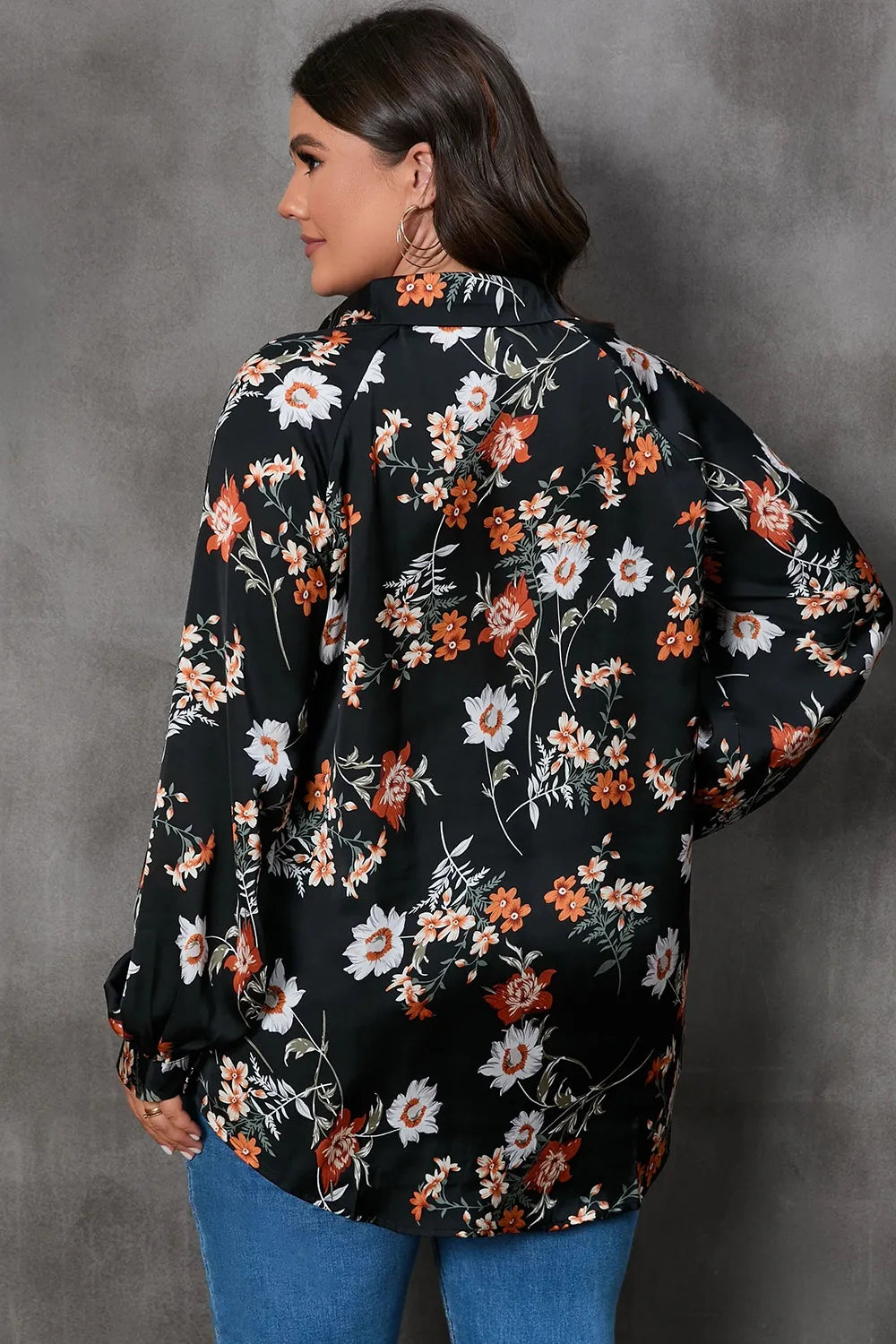 Plus Size Printed Johnny Collar Long Sleeve Blouse - Premium Plus Size Shirts from Trendsi - Just $29! Shop now at Handbags Specialist Headquarter