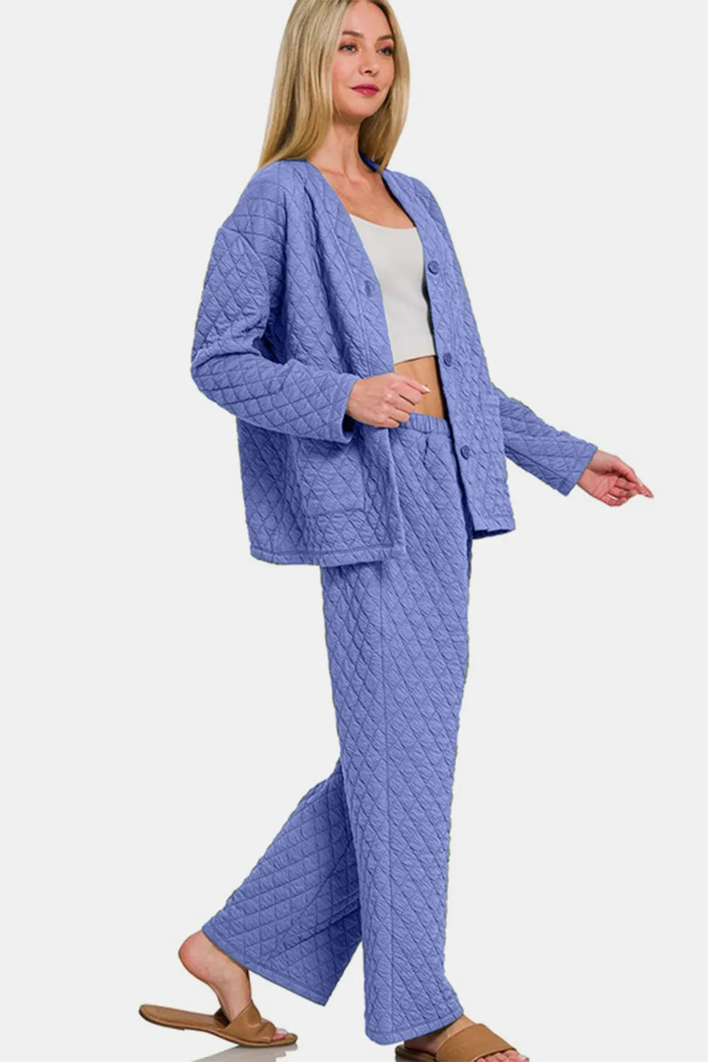 Zenana Quilted Button Up Long Sleeve Top and Pants Lounge Set - Premium Sleepwear from Trendsi - Just $46.99! Shop now at Handbags Specialist Headquarter