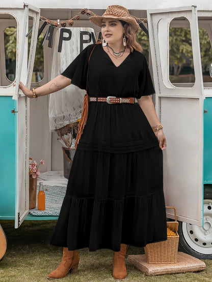 Plus Size Tie Neck Flutter Sleeve Dress - Premium Dresses from Trendsi - Just $41.99! Shop now at Handbags Specialist Headquarter