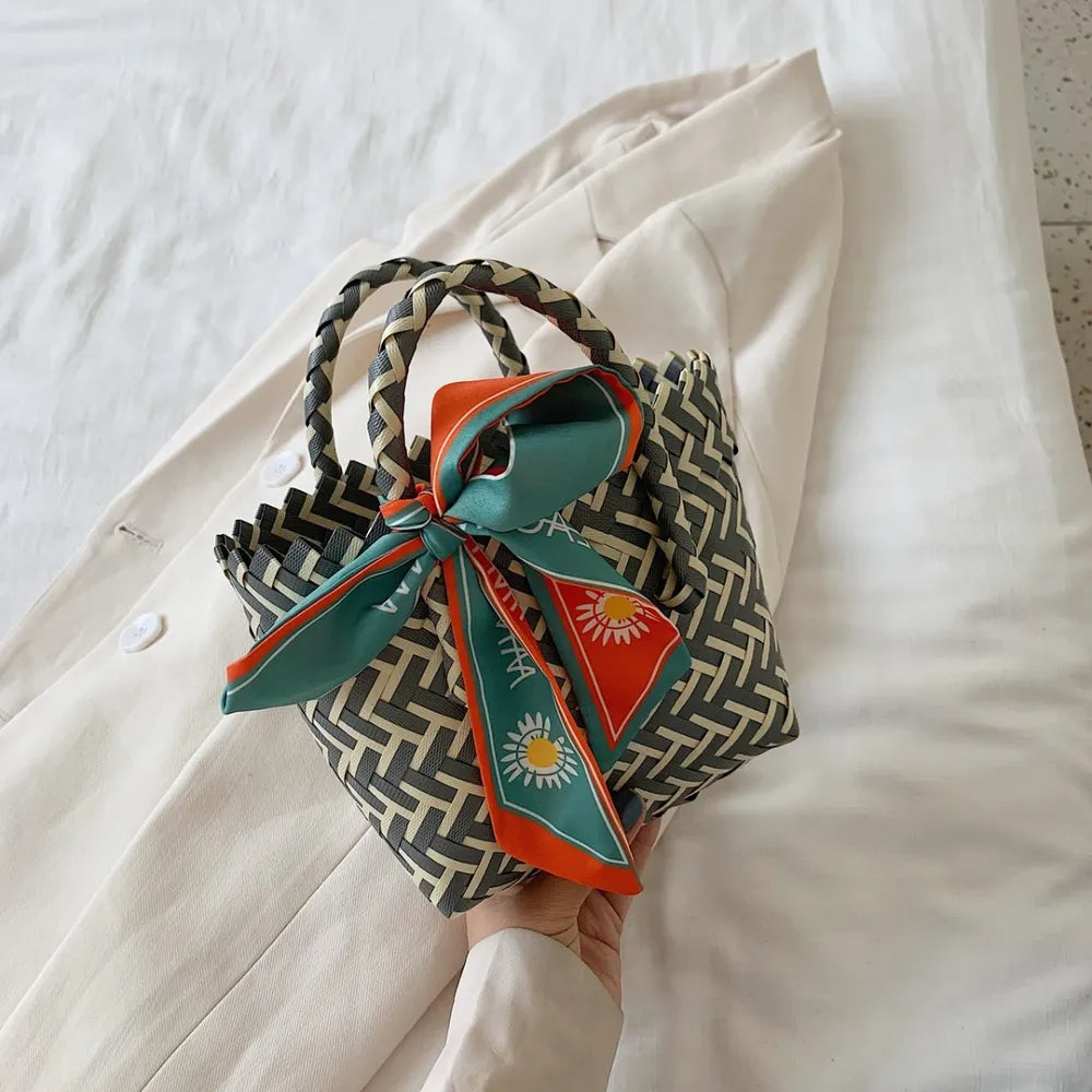 Contrast Woven Handbag with Ribbon - Premium Tote Bag from Trendsi - Just $39.99! Shop now at Handbags Specialist Headquarter