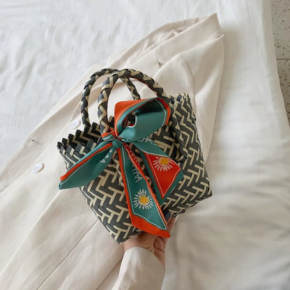 Contrast Woven Handbag with Ribbon - Premium Tote Bag from Trendsi - Just $39.99! Shop now at Handbags Specialist Headquarter