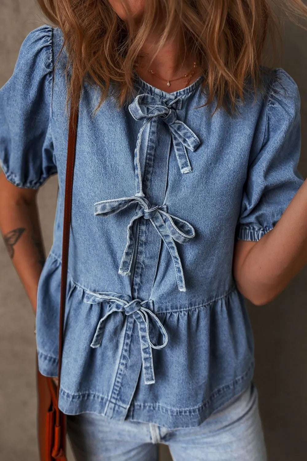 Tied Front Puff Sleeve Peplum Denim Shirt - Premium Women / Jeans & Denim from Trendsi - Just $41.86! Shop now at Handbags Specialist Headquarter