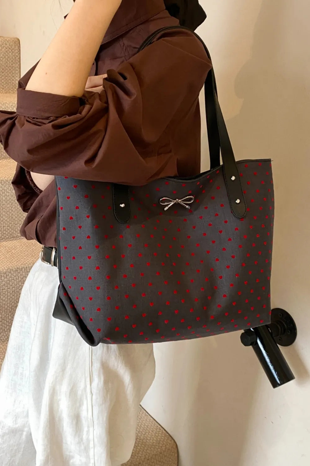 Polyester Bow Polka Dot Tote Bag - Premium Tote Bag from Trendsi - Just $39.99! Shop now at Handbags Specialist Headquarter