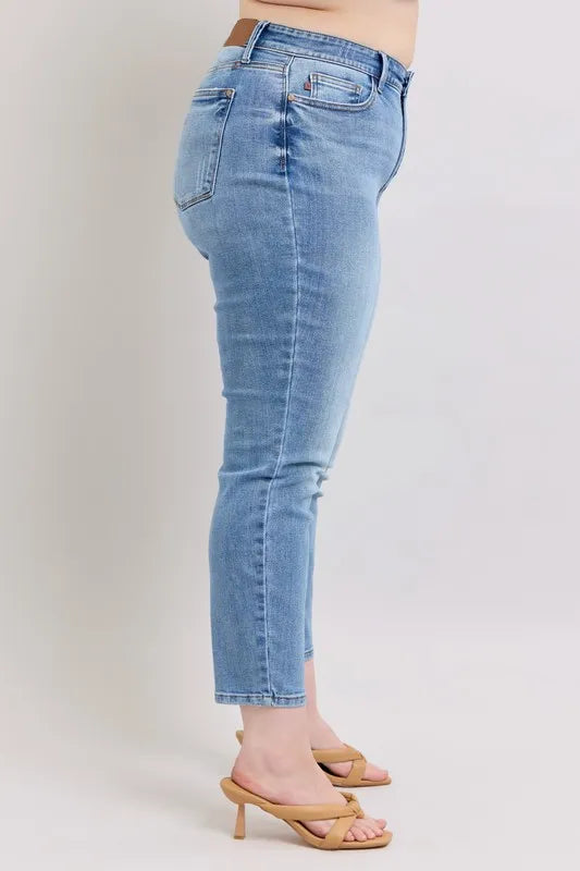 Judy Blue Full Size Mid Rise Vintage Wash Slim Jeans with Cell Phone Pocket Plus Size - Premium Women / Jeans & Denim from Trendsi - Just $60.99! Shop now at Handbags Specialist Headquarter