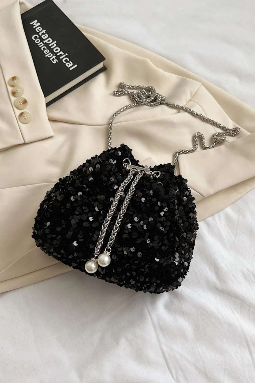 Sequin Chain Drawstring Bucket Bag - Premium Crossbody Bag from Trendsi - Just $21.99! Shop now at Handbags Specialist Headquarter