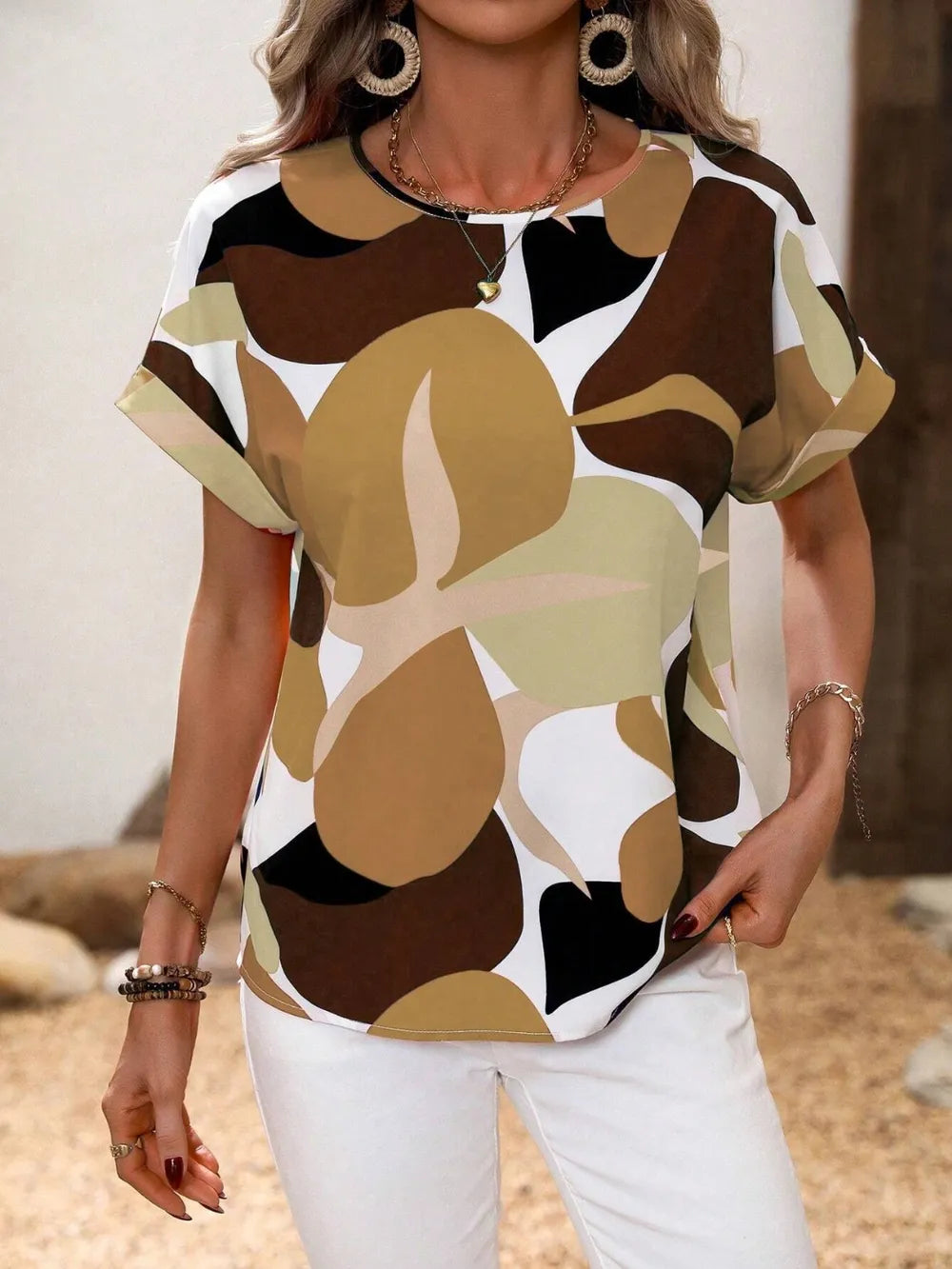 Contrast Round Neck Short Sleeve Blouse - Premium Tops from Trendsi - Just $23.06! Shop now at Handbags Specialist Headquarter