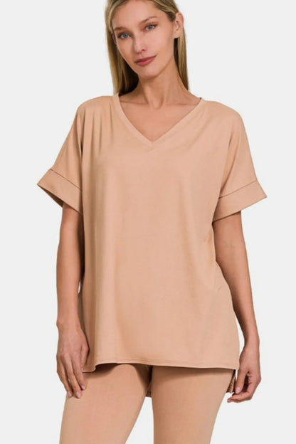 Zenana Full Size V-Neck Rolled Short Sleeve T-Shirt and Leggings Lounge Set - Premium sleepwear from Trendsi - Just $31.99! Shop now at Handbags Specialist Headquarter