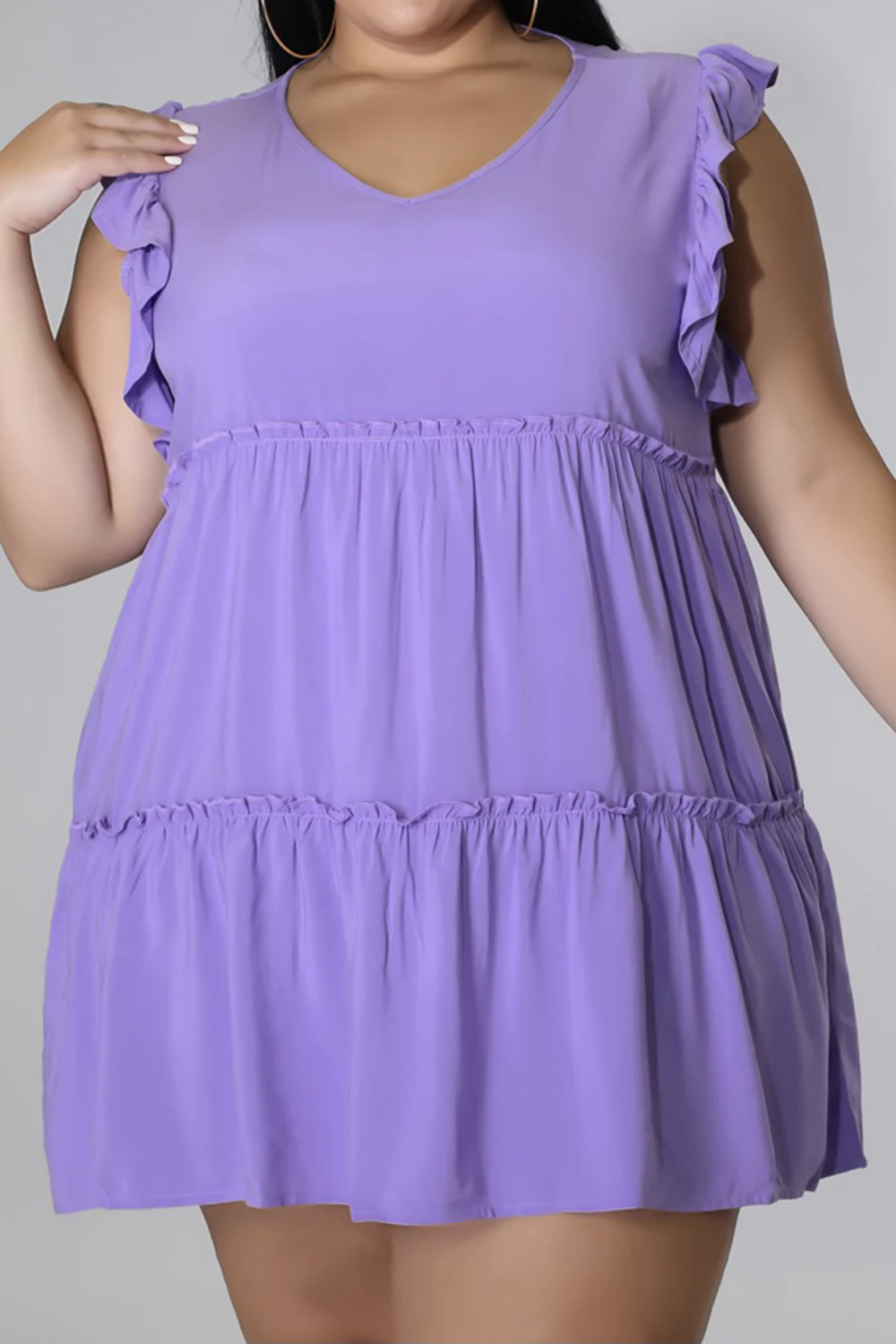 Plus Size V-Neck Frill Trim Mini Dress - Premium Dresses from Trendsi - Just $36.99! Shop now at Handbags Specialist Headquarter