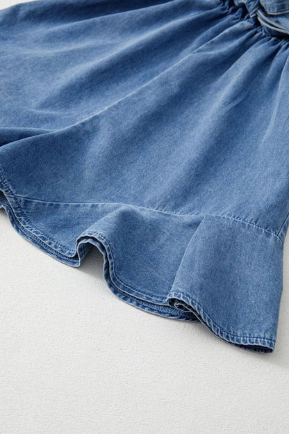 Spaghetti Straps V Neck Belted Ruffled Leg Chambray Romper - Premium Women / Jeans & Denim from Trendsi - Just $45.60! Shop now at Handbags Specialist Headquarter