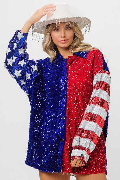BiBi American Flag Sequin Snap Down Shirt - Premium Women / Jeans & Denim from Trendsi - Just $64.30! Shop now at Handbags Specialist Headquarter