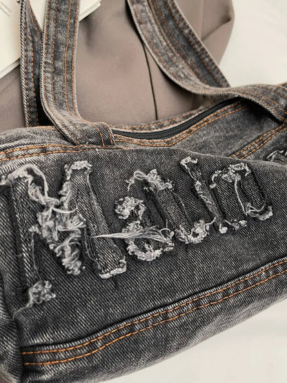 Letter Raw Edge Denim Handbag - Premium Tote Bag from Trendsi - Just $33.99! Shop now at Handbags Specialist Headquarter